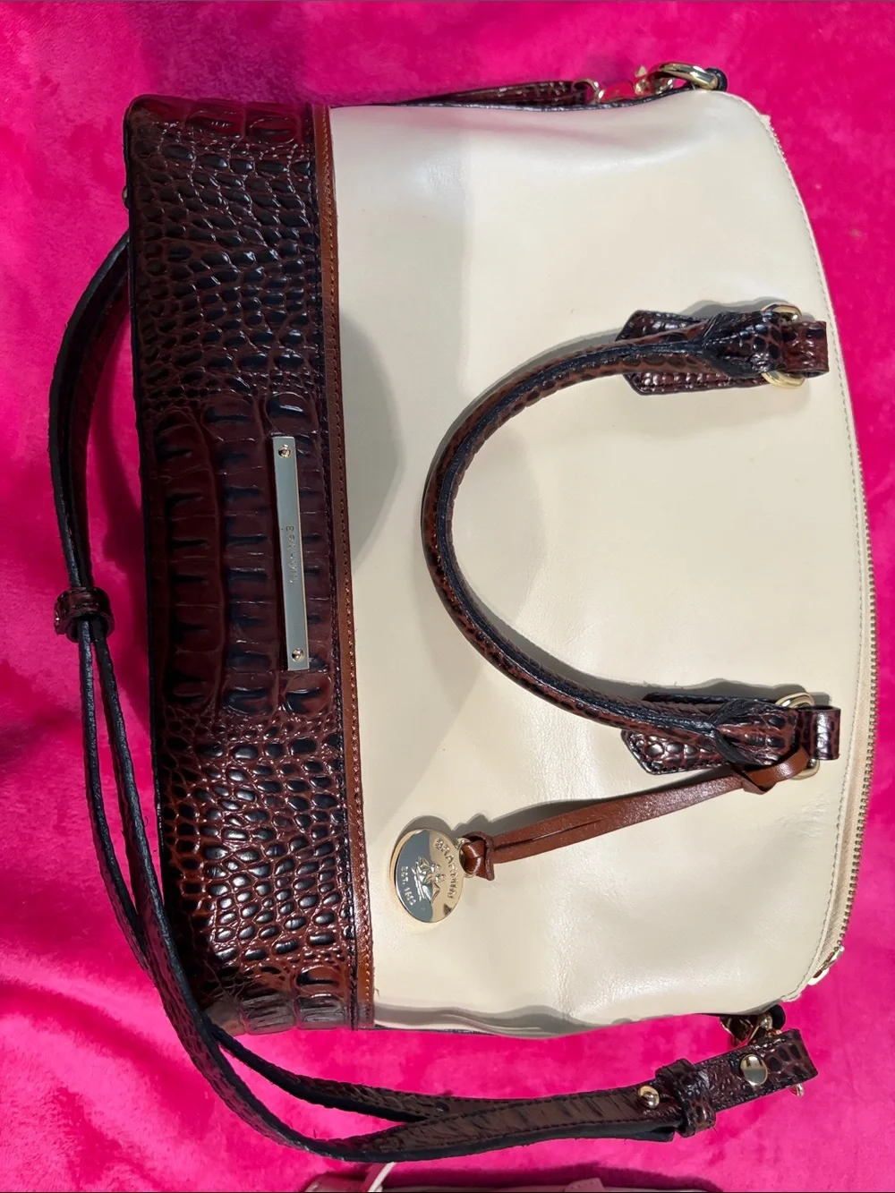 Brahmin Cream Satchel with Brown Croc Trim and Handles